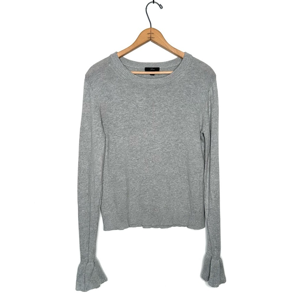 J. Crew | Gray Crew Neck Ruffle Cuff Sleeve Sweater Size Medium - Picture 2 of 7
